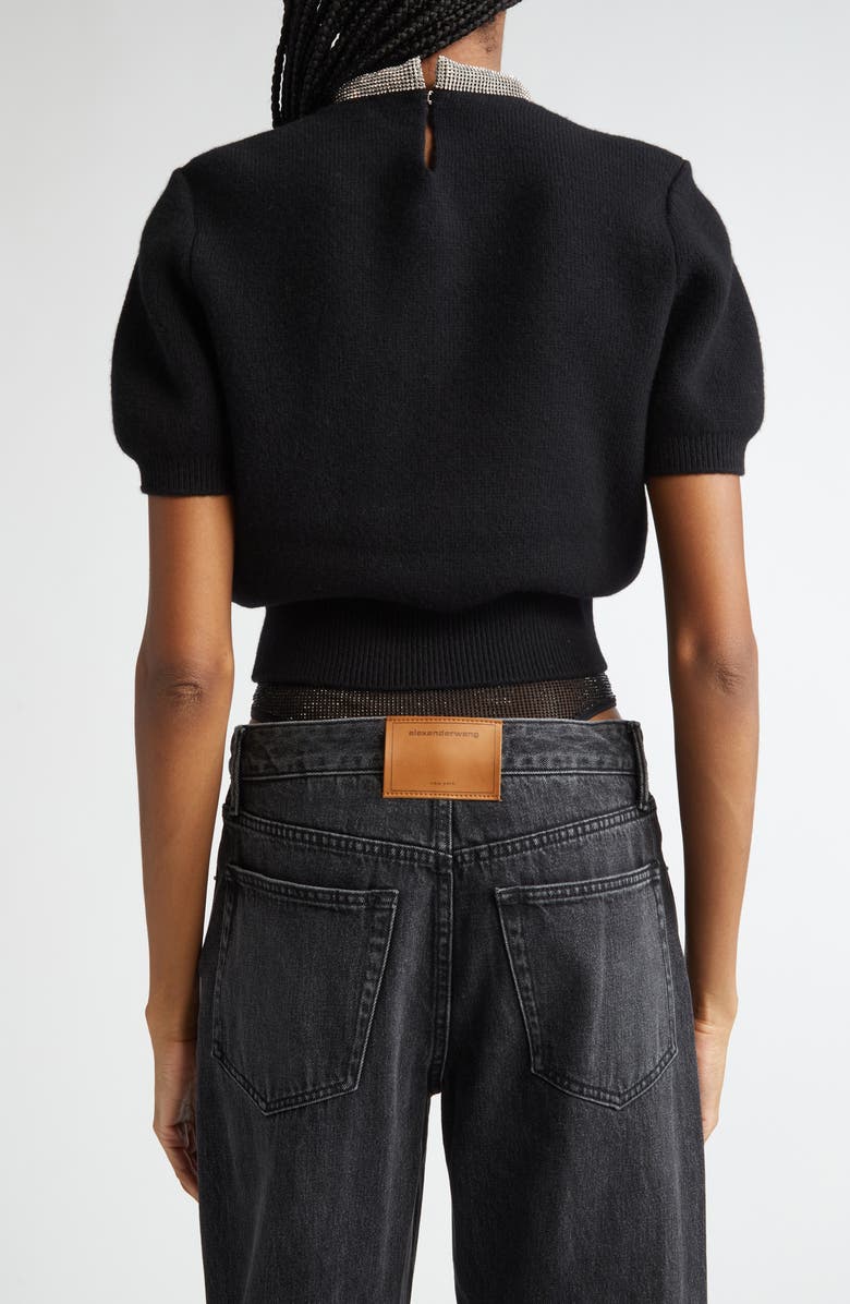 Alexander Wang Short Sleeve Crop Wool & Cashmere Sweater with Crystal Hotfix Tubular Collar, Alternate, color, 