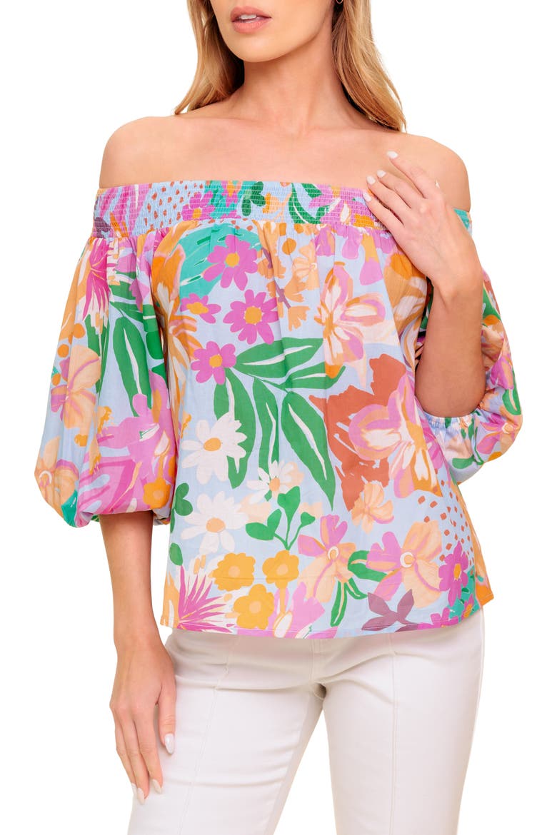 Printed Off The Shoulder Top, Main, color, DUSTY BLUE/ ORANGE