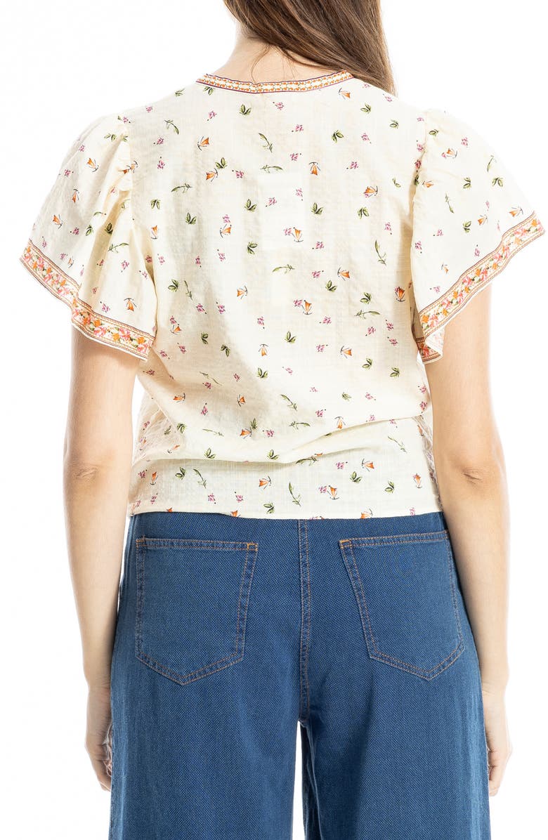 MAX STUDIO Flutter Sleeve Tie Front Shirt, Alternate, color, Ecru/ Orange Botanical Cascade