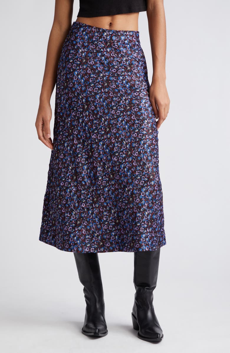 Ganni Crinkle Stretch Satin Midi Skirt, Main, color, 