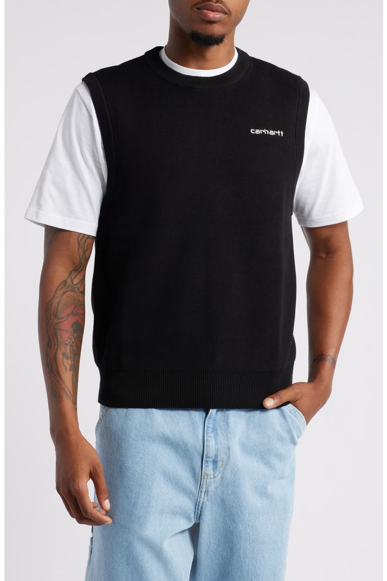 Logo Embroidered Cotton Sweater Vest, Main, color, BLACK / WHITE
