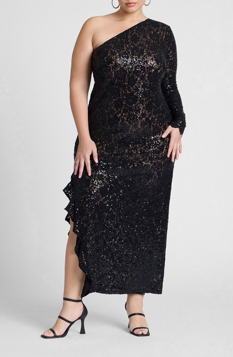 ELOQUII Sequin Lace One-Shoulder Maxi Dress, Main, color,