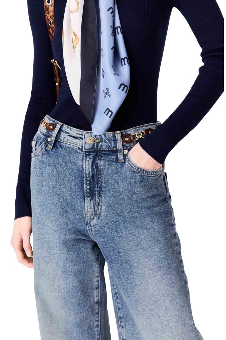 Wide-leg leather buckle jeans, Alternate, color, Blue