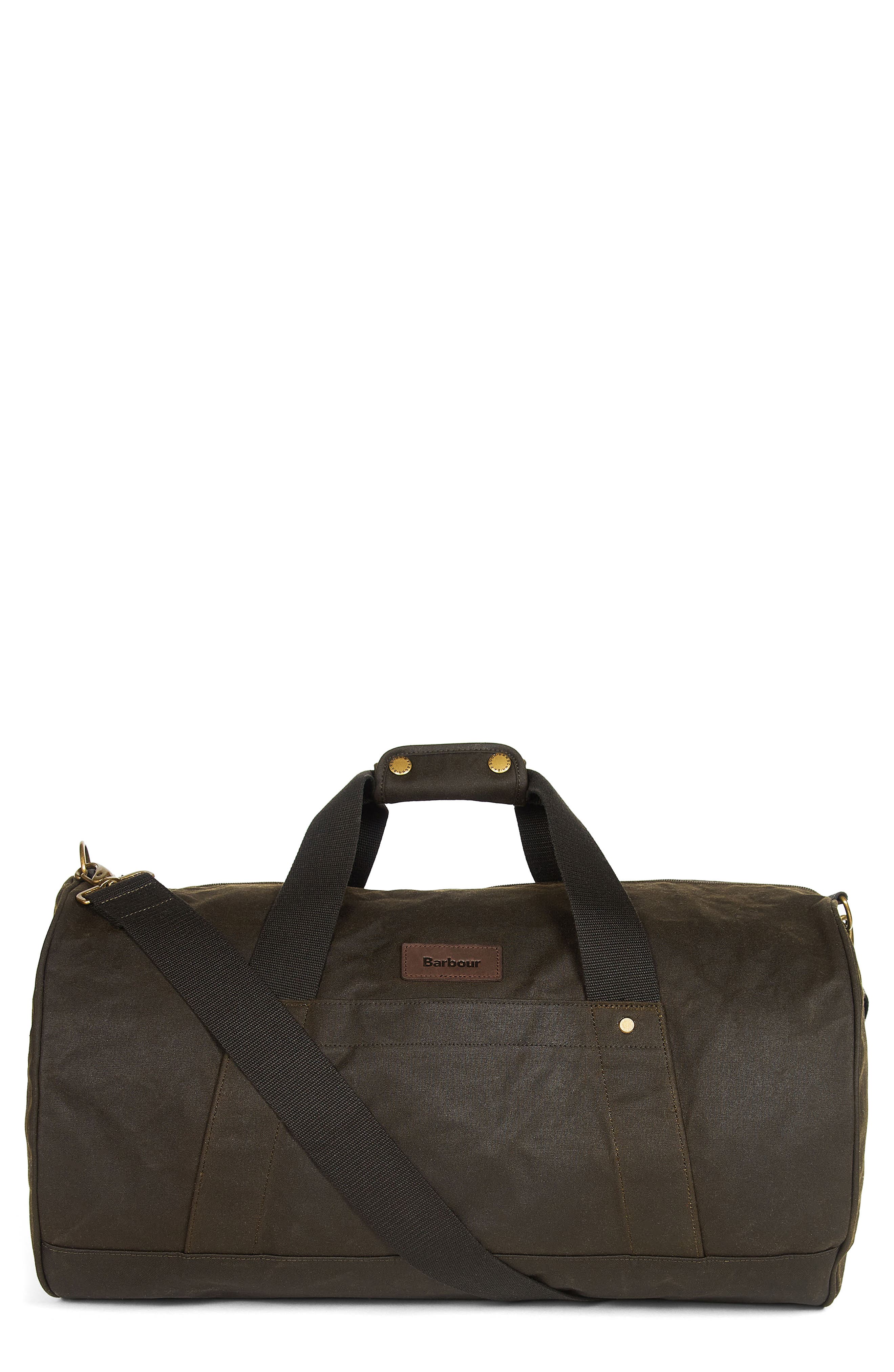 Barbour Explorer Waxed Cotton Canvas Duffle Bag, Main, color, 