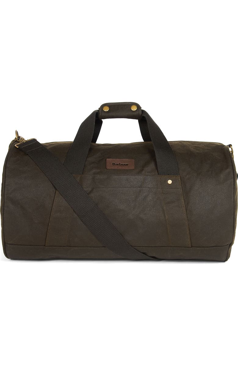 Barbour Explorer Waxed Cotton Canvas Duffle Bag, Main, color,