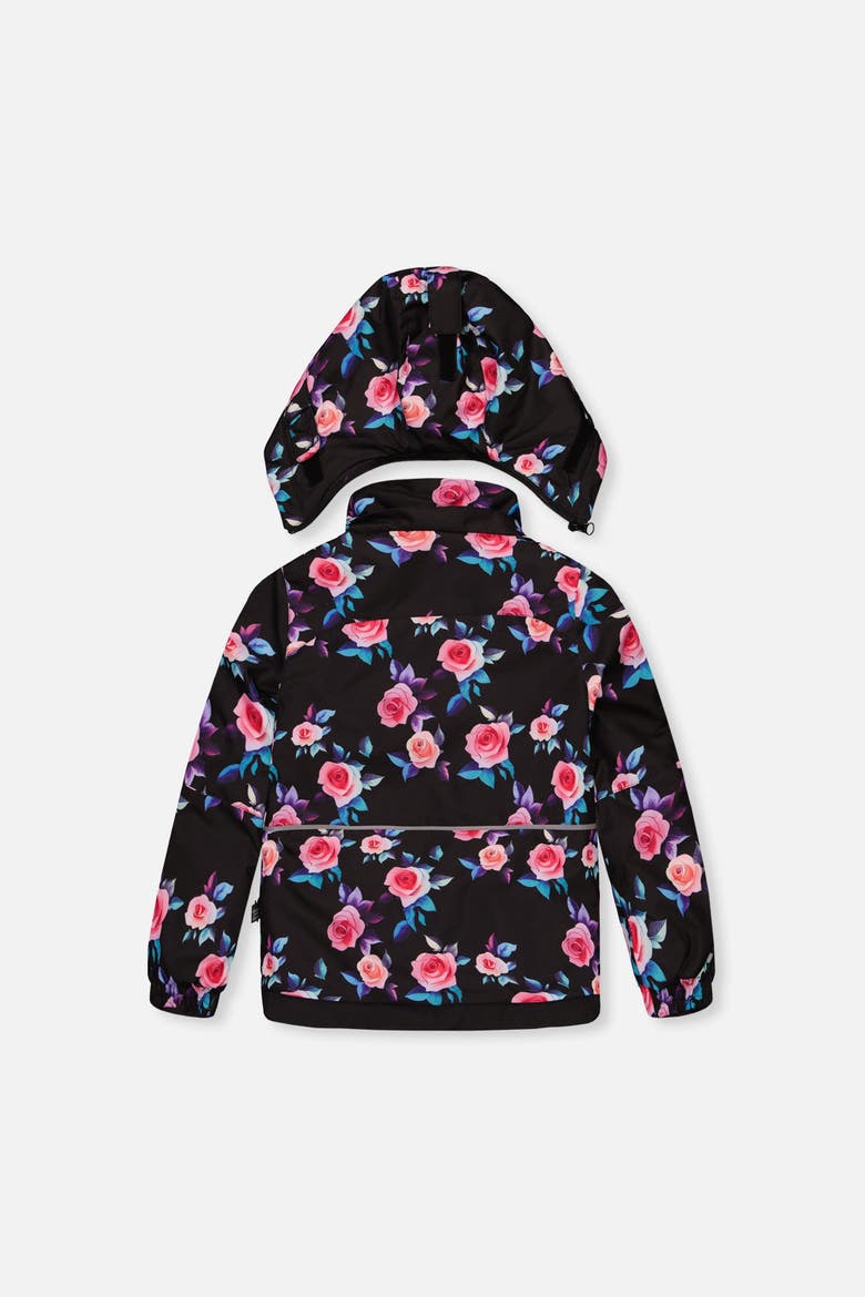 Floral Jacket & Foot Strap Pants Two Piece Snowsuit, Alternate, color, Black Printed with Roses