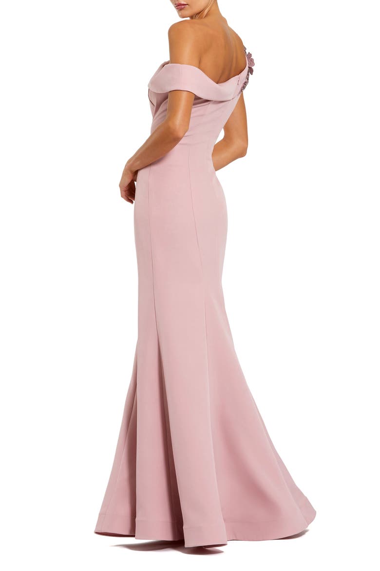 Crepe Floral Beaded Off The Shoulder Mermaid Gown, Alternate, color, Rose