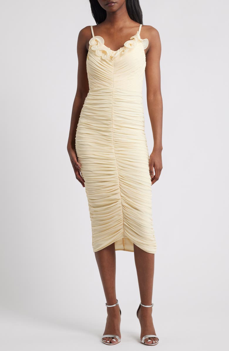 Lipsy Ruffle Ruched Midi Dress, Main, color, Yellow