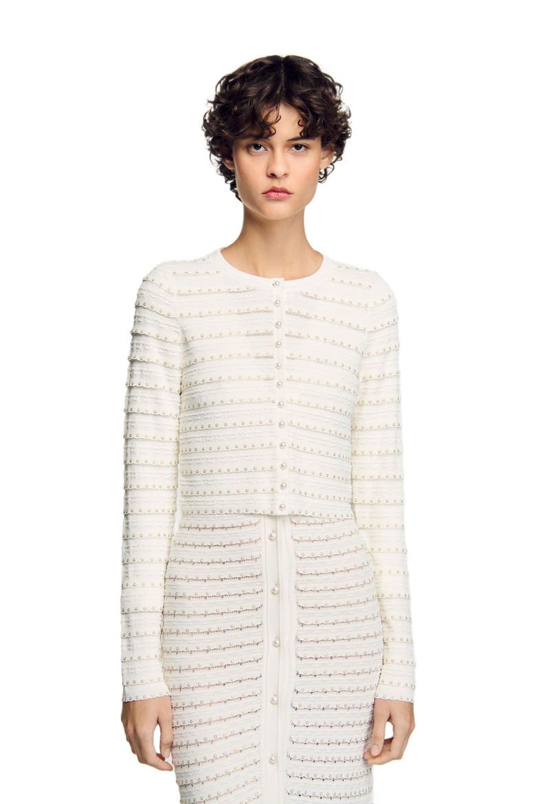 Cropped cardigan with pearl buttons, Alternate, color, Ecru