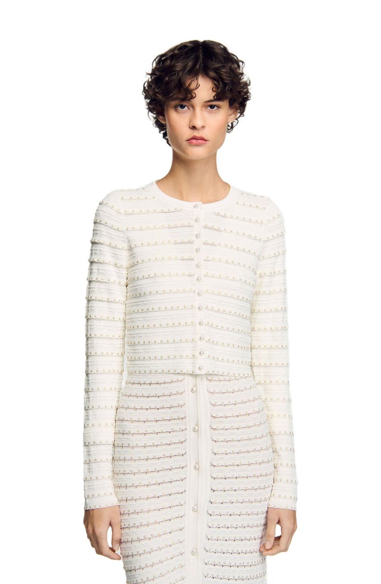 SANDRO Cropped cardigan with pearl buttons, Alternate, color, 