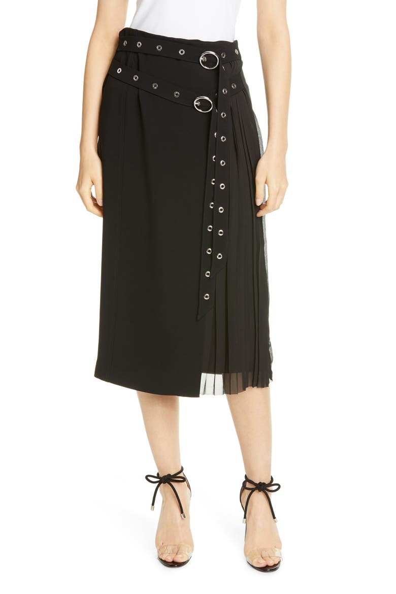 Tess Grommet Double Belt Crepe Midi Skirt, Main, color, BLACK
