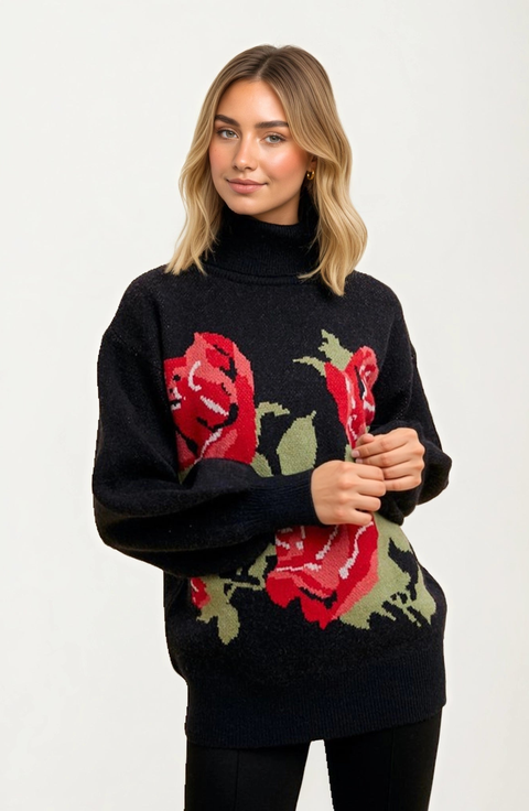 Bold Rose Design Turtleneck Sweater