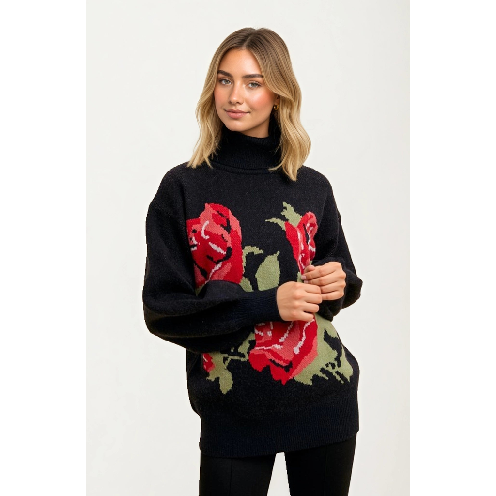 Knit and Lounge Bold Rose Design Turtleneck Sweater in Black /Red Rose  product