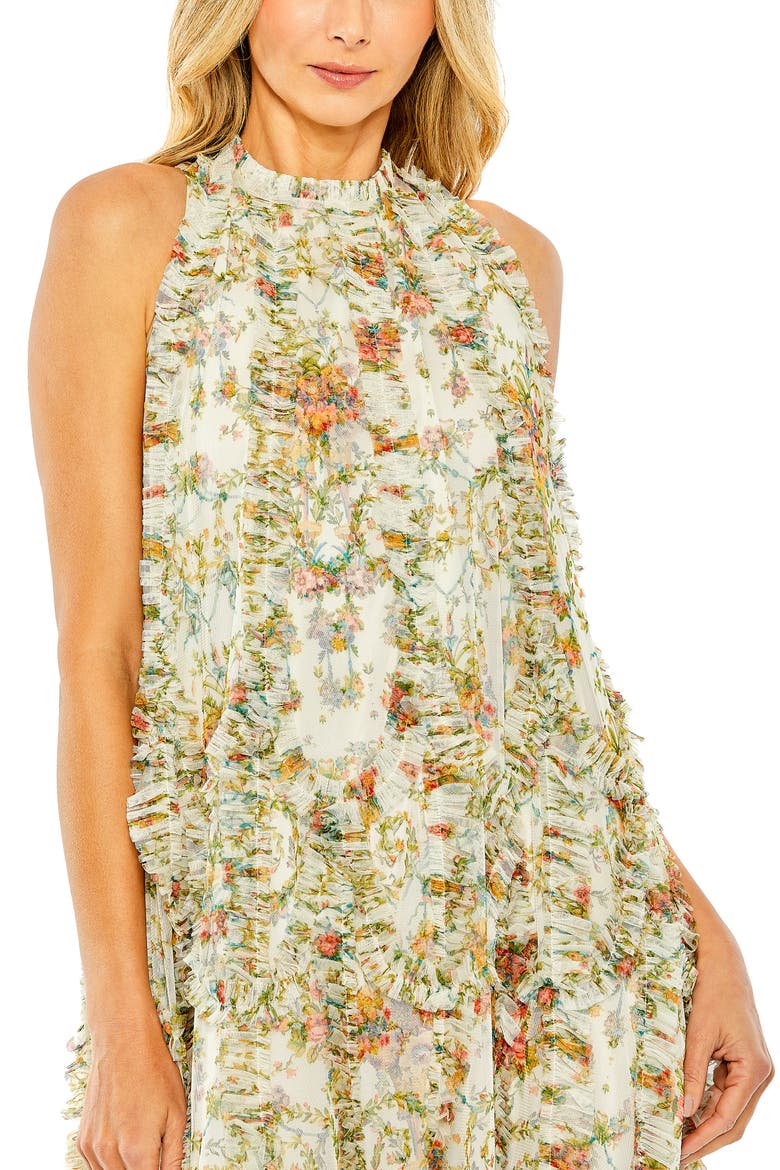 Sleeveless High Neck Lattice Ruffle Floral Dress, Alternate, color, Ivory Multi