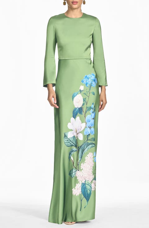 Alex Floral Long Sleeve Satin Crepe Gown