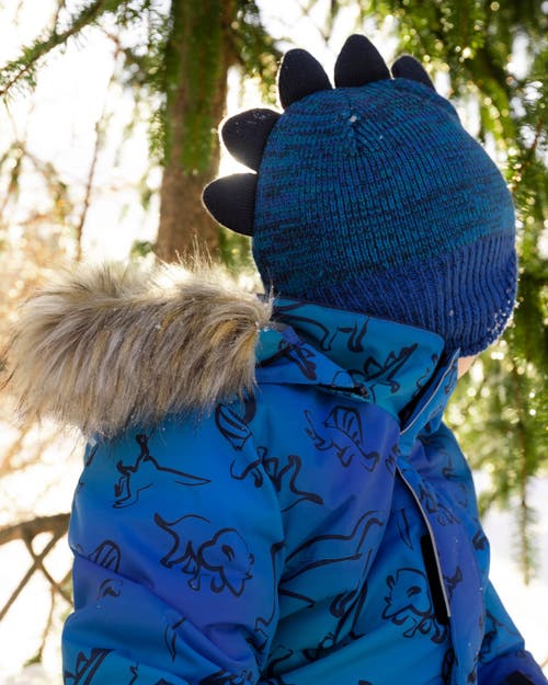 Deux Par Deux Lined Dino Peruvian Knit Winter Hat With Pompom In Blue