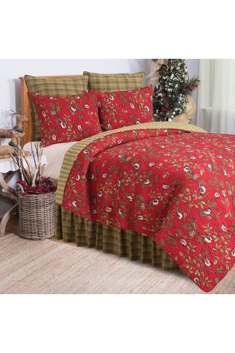 Chickadee Red Cotton Quilt Set  - Reversible and Machine Washable, Alternate, color, Red