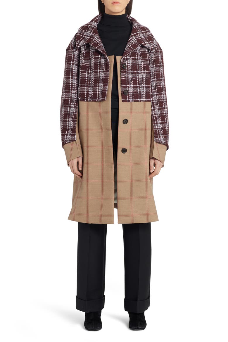 Mixed Media Check Wool Coat, Alternate, color, TOBACCO