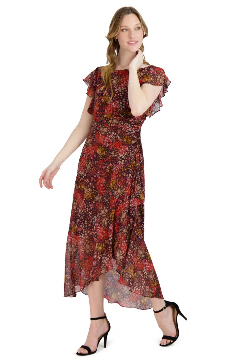 Flutter Sleeve Ruched Dress, Alternate, color, BURGUNDY MULTI