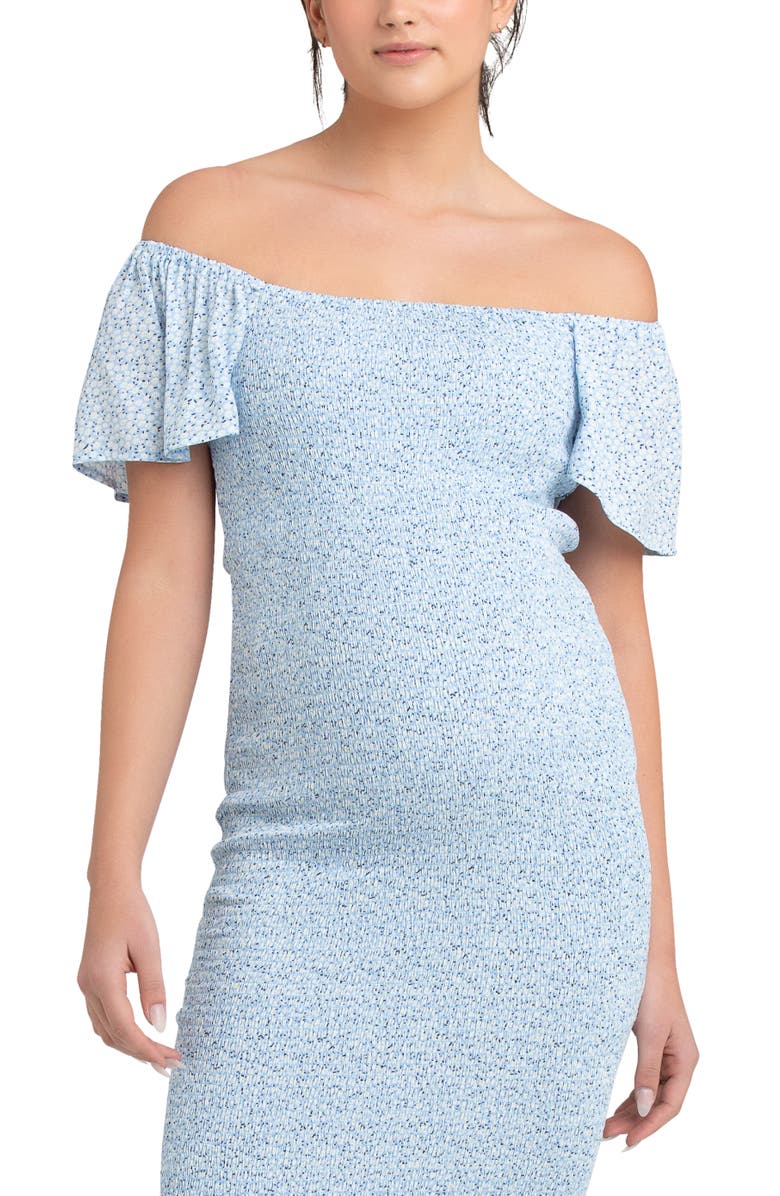 Ripe Maternity Selma Shirred Fitted Midi Dress, Alternate, color, Pale Blue