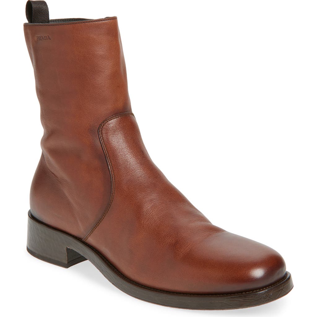 Prada Mens Leather Boots Round Toe Design In Brown