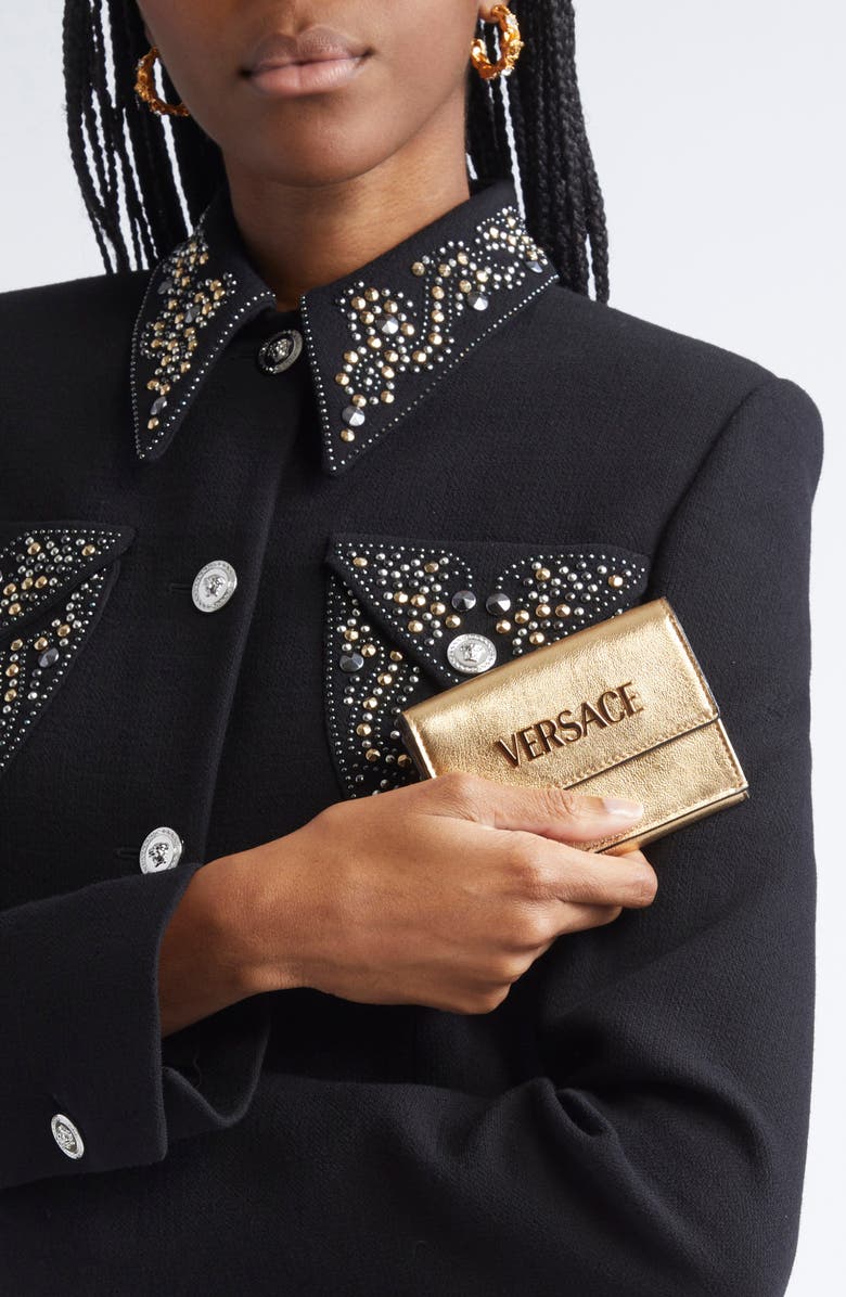 Versace Logo Metallic Leather Trifold Wallet, Alternate, color, Mekong Gold Versace