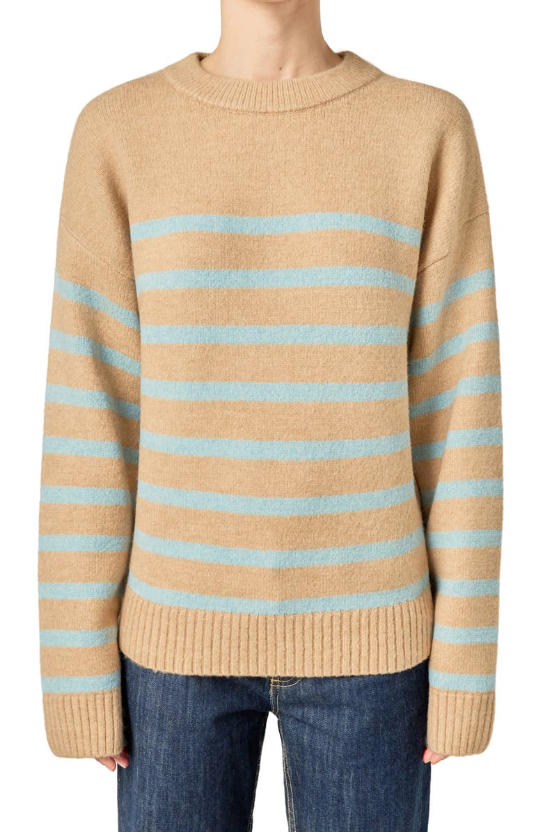 English Factory Stripe Crewneck Sweater, Alternate, color, Tan/ Powder Blue