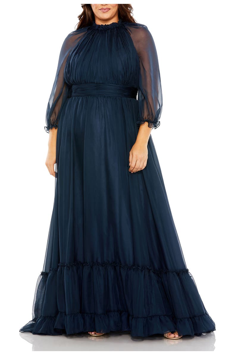 Mac Duggal High-Neck Chiffon Dress with Puff Sleeves and Ruffle Tiered Skirt, Main, color, Midnight