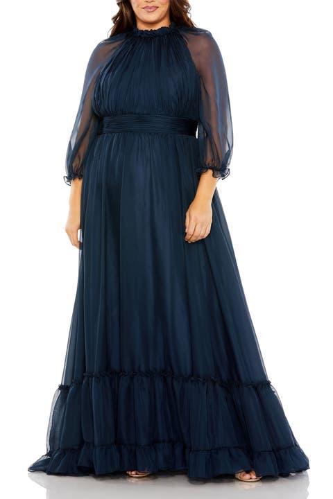 High-Neck Chiffon Dress with Puff Sleeves and Ruffle Tiered Skirt