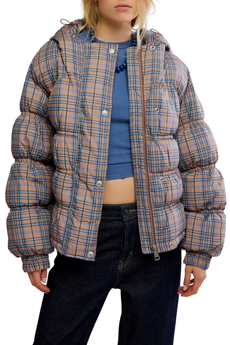Party of One Plaid Water Resistant Hooded Puffer Jacket, Main, color, TAN COMBO