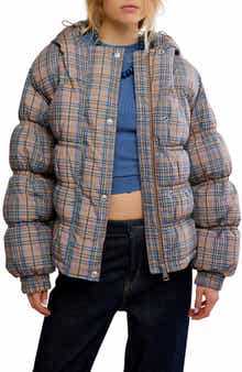 Free People Party of One Plaid Water Resistant Hooded Puffer Jacket