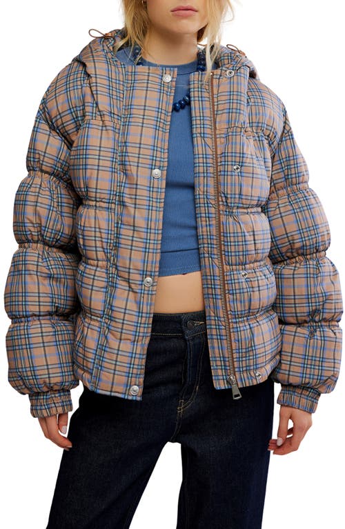 Free People Party Of One Plaid Water Resistant Hooded Puffer Jacket In Blue