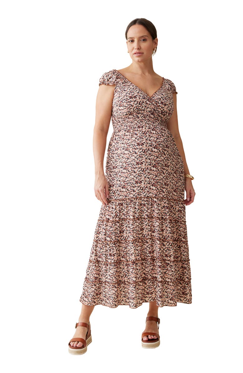 Ingrid & Isabel CAP SLEEVE TIERED MAXI DRESS, Main, color, Brown/Navy Abstract Ikat