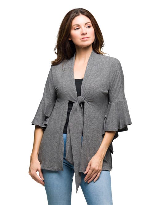 24seven Comfort Apparel Tie Front Bell Sleeve Cardigan In Gray