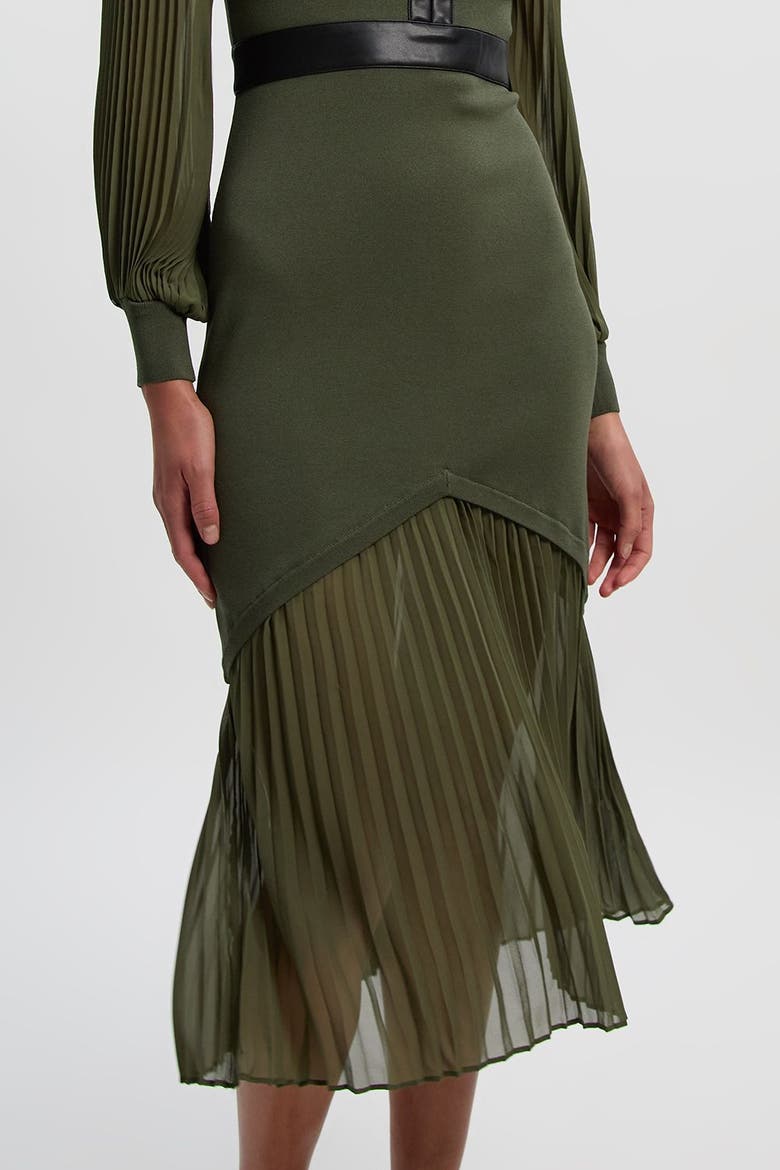 Pu Trim Woven Sleeved Pleated Dress, Alternate, color, Olive