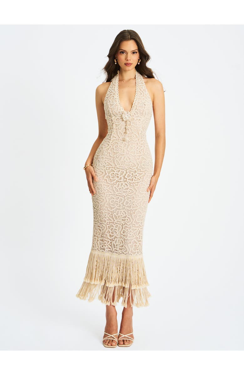 Miss Circle Faelyn Double Fringe Crochet Halter Maxi Dress, Main, color, Off-White