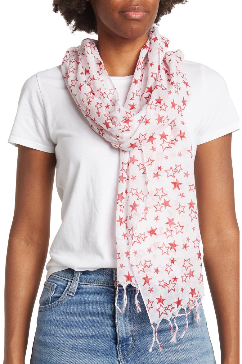 Star Print Twisted Fringe Scarf, Main, color, BURGUNDY COMBO