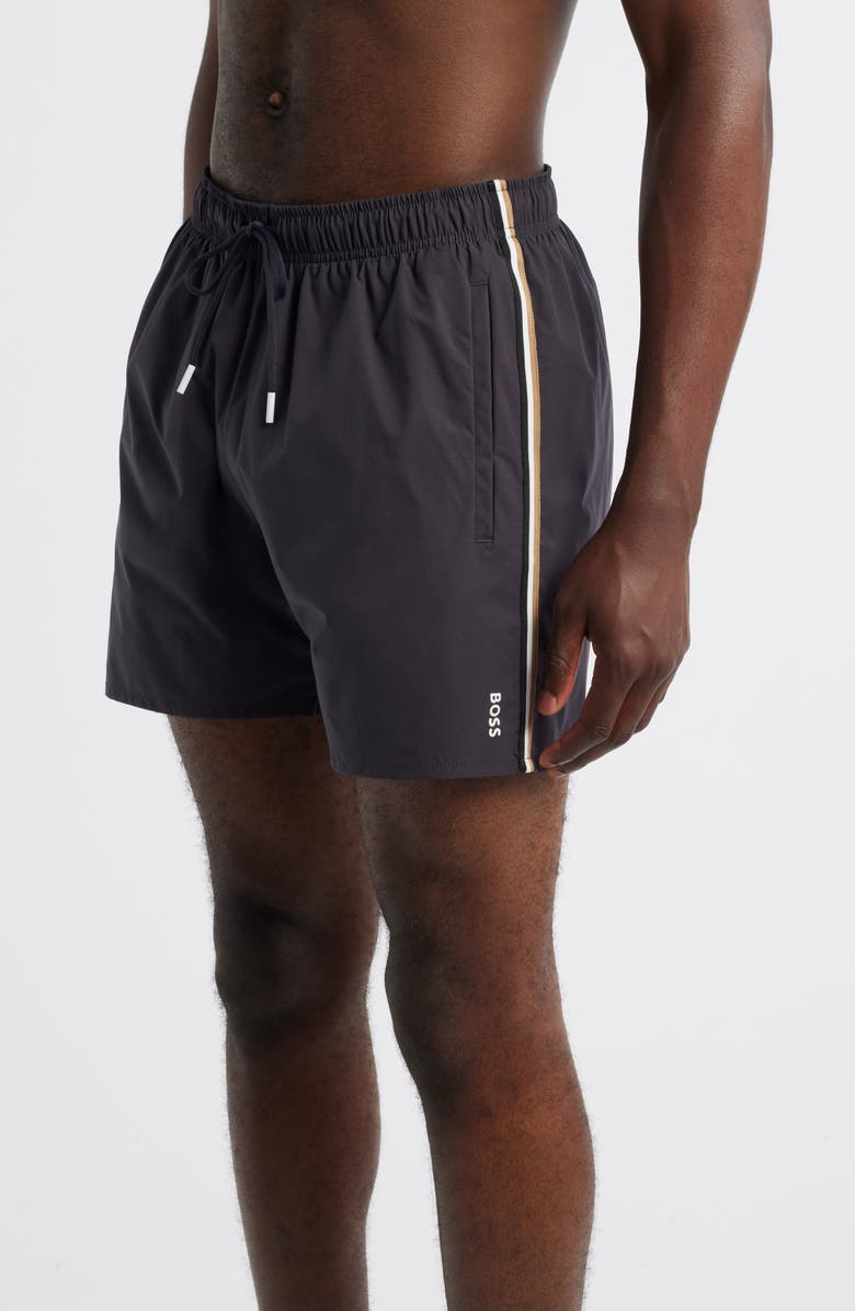 BOSS Side Stripe Stretch Swim Trunks, Alternate, color, Dark Grey