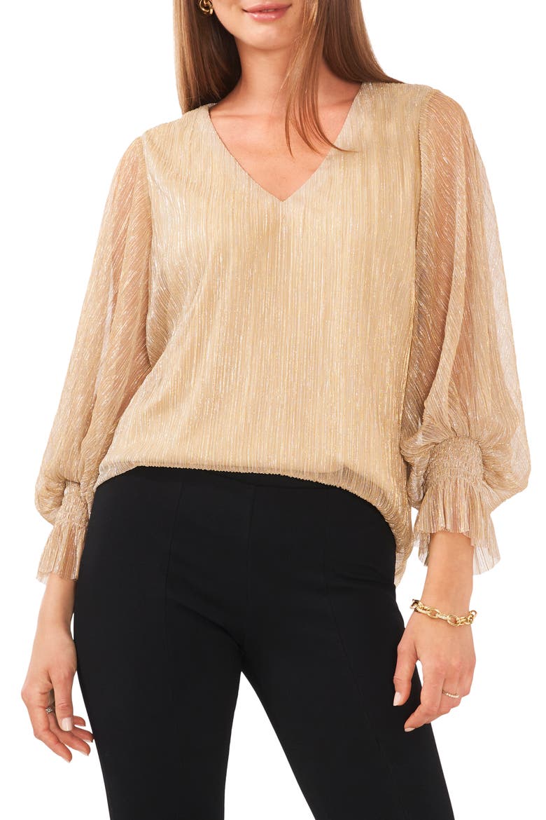 Bishop Sleeve Metallic Crinkle Mesh Blouse, Main, color, GOLD