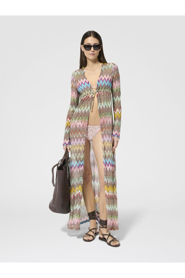 Long Cardigan In Lamé Viscose With Macro Zigzag Pattern, Alternate, color, Black & Multicoloured