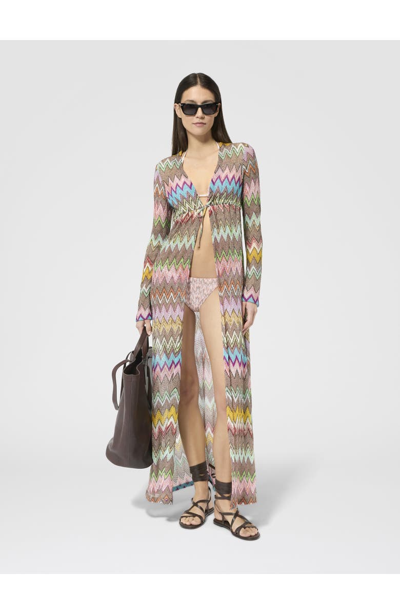 Missoni Long Cardigan In Lamé Viscose With Macro Zigzag Pattern, Alternate, color, Black & Multicoloured