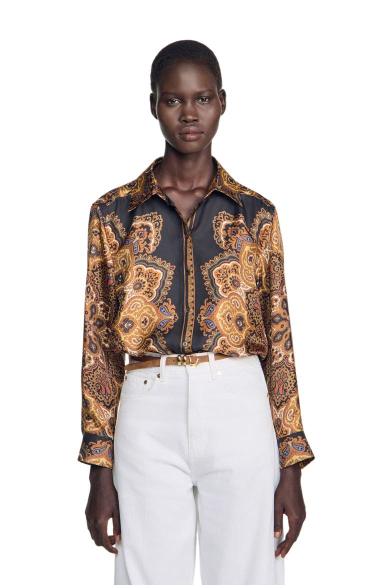 Scarf print silk shirt, Alternate, color, Black / ocher