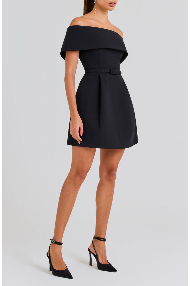Harper Belted Off the Shoulder Minidress, Main, color, BLACK