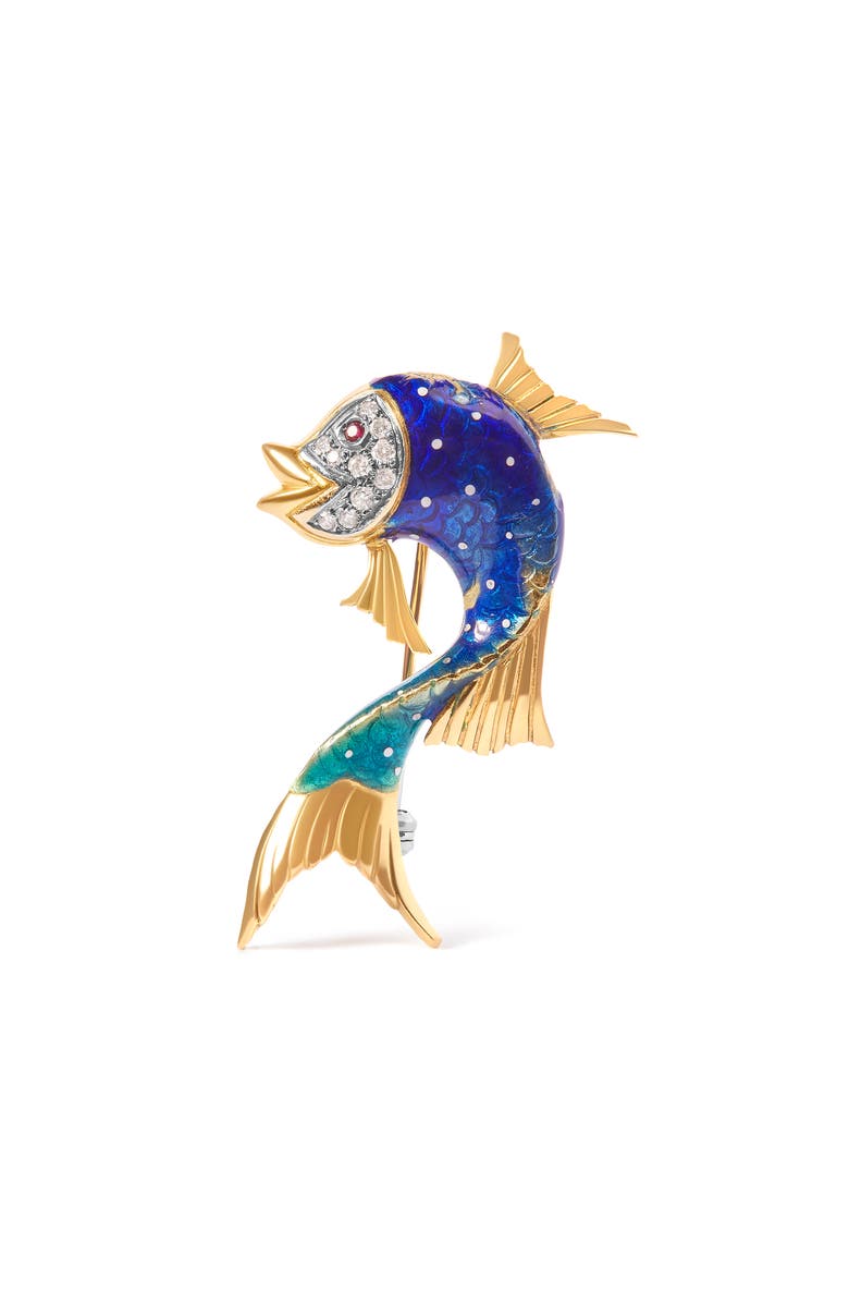 Haus of Brilliance 18K Yellow Gold and Blue Enamel Diamond and Pink Sapphire Fish Brooch Pin, Main, color, Yellow