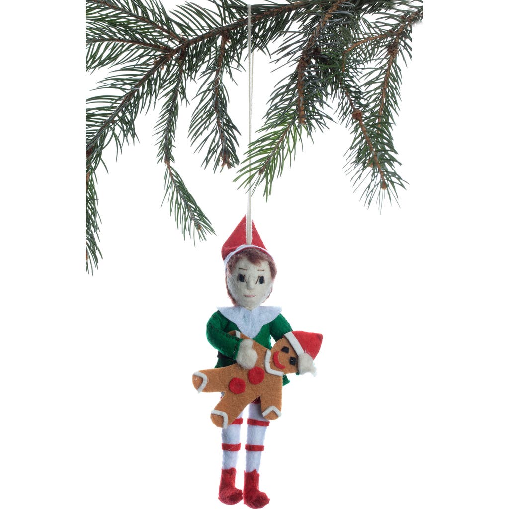 Silk Road Bazaar Handmade Elf With Gingerbread Felt Ornament In Multi