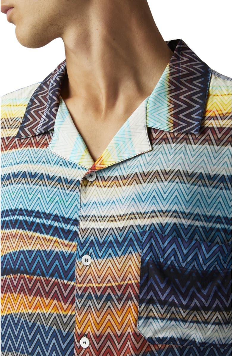 Missoni Bowling Shirt With Gradient Zig Zag Print And Breast Pocket, Alternate, color, Blue