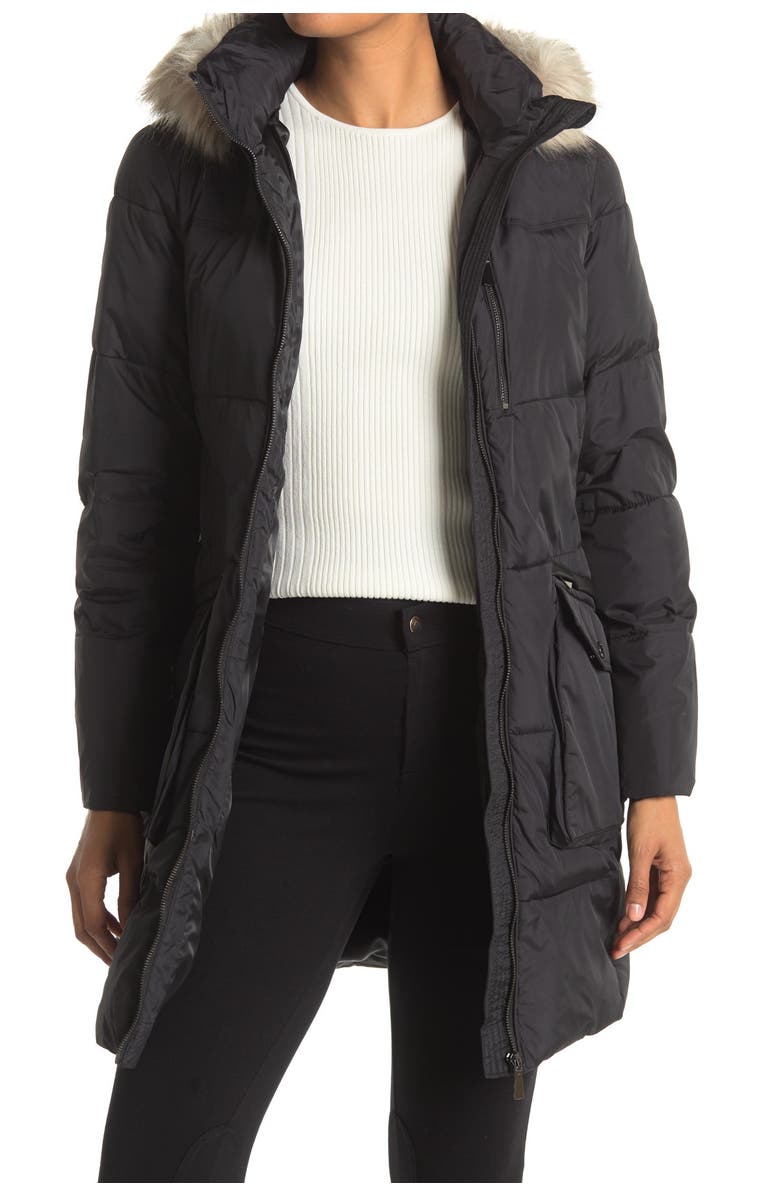 DKNY Faux Fur Trim Down Coat, Main, color,