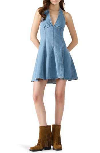Steve Madden Malia Light Wash Halter Skater Mini Dress In Blue