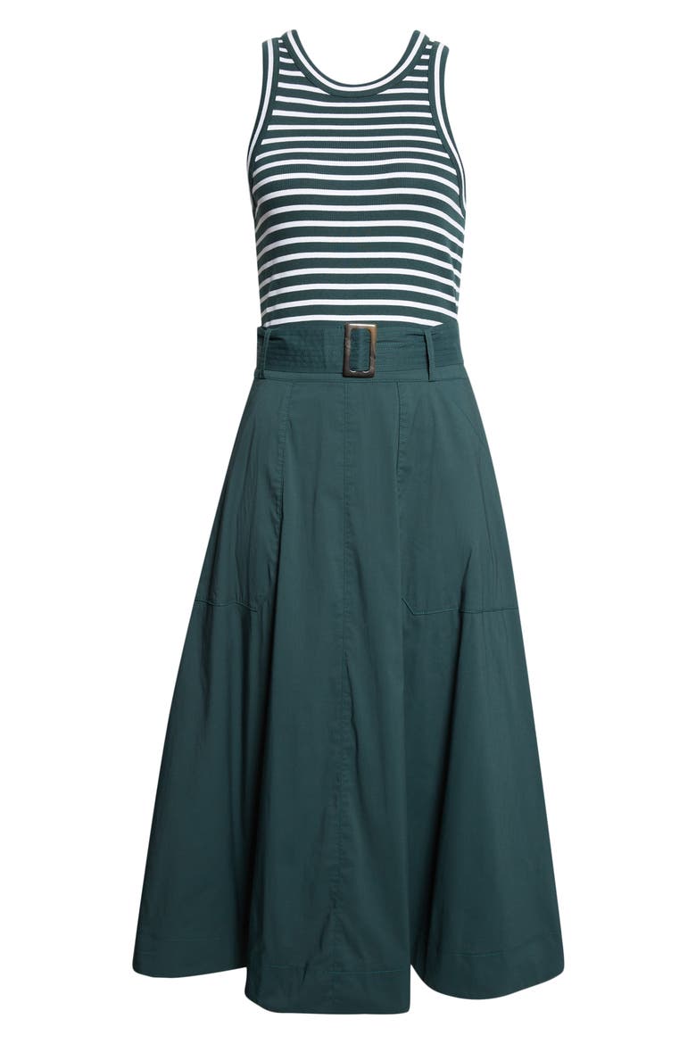 Jordyn Mixed Media Stretch Cotton Midi Dress, Alternate, color, PINE/ WHITE