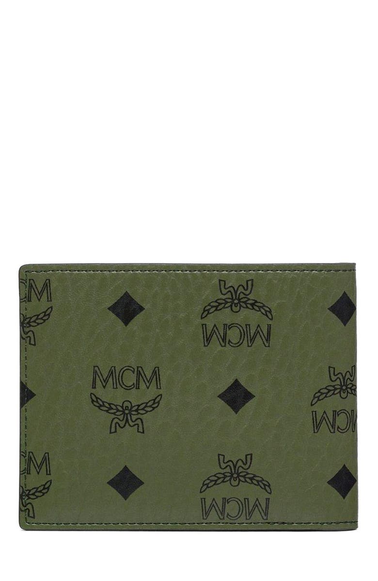 MCM Aren Bifold Wallet w/ Card Case in Visetos, Alternate, color, Green